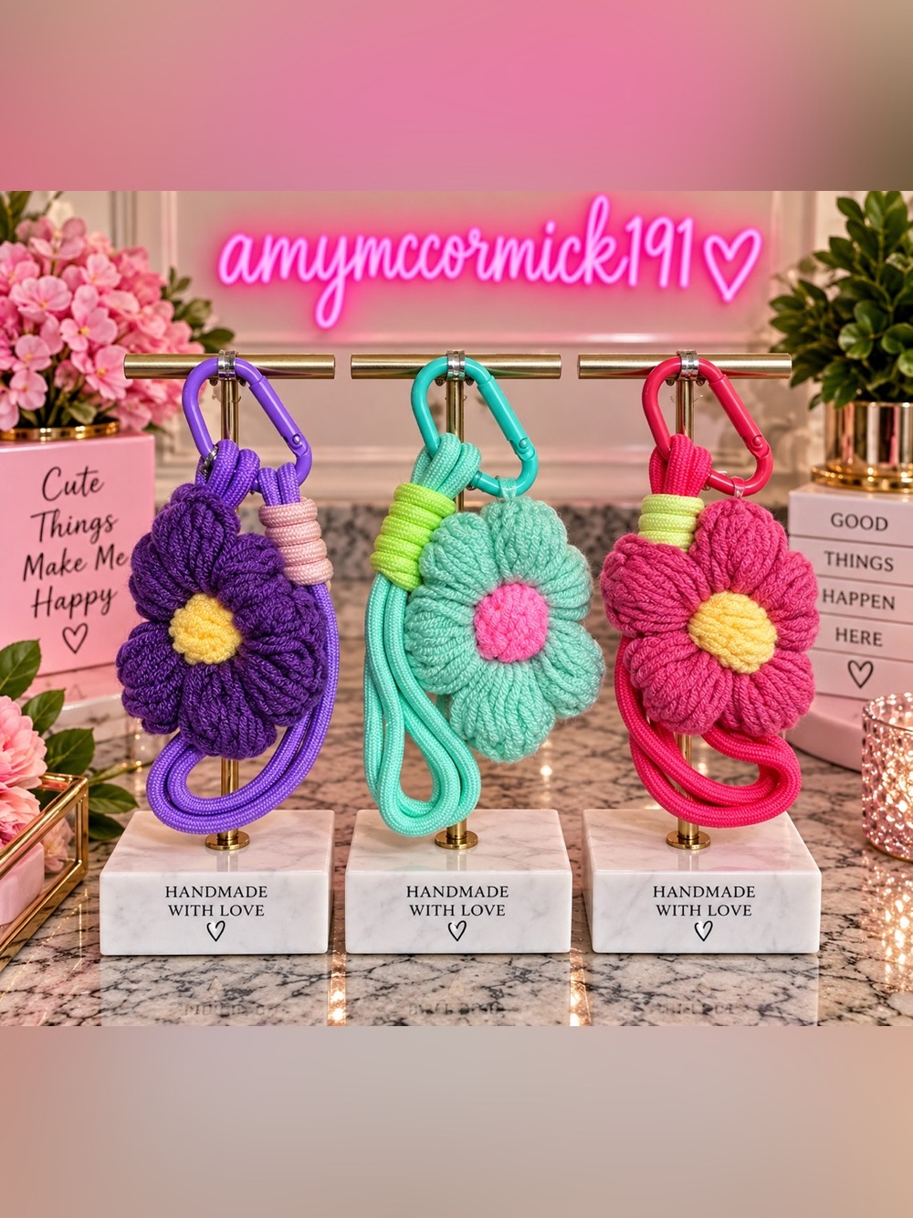 Handmade Flower Keychain/ bag charm with Carabiner
